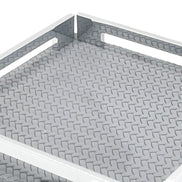 Close on the grey 25 cm tray, woven-embossed leather floor at full scale inside the steel rail