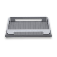 Grey 25 × 19 cm tray seen whole, steel handles and corner brackets in polished contrast to the leather