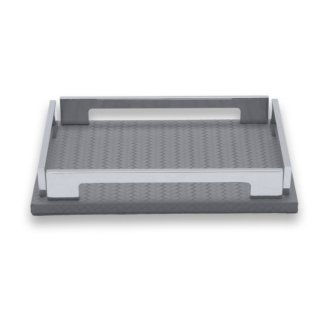 Grey 25 × 19 cm tray seen whole, steel handles and corner brackets in polished contrast to the leather