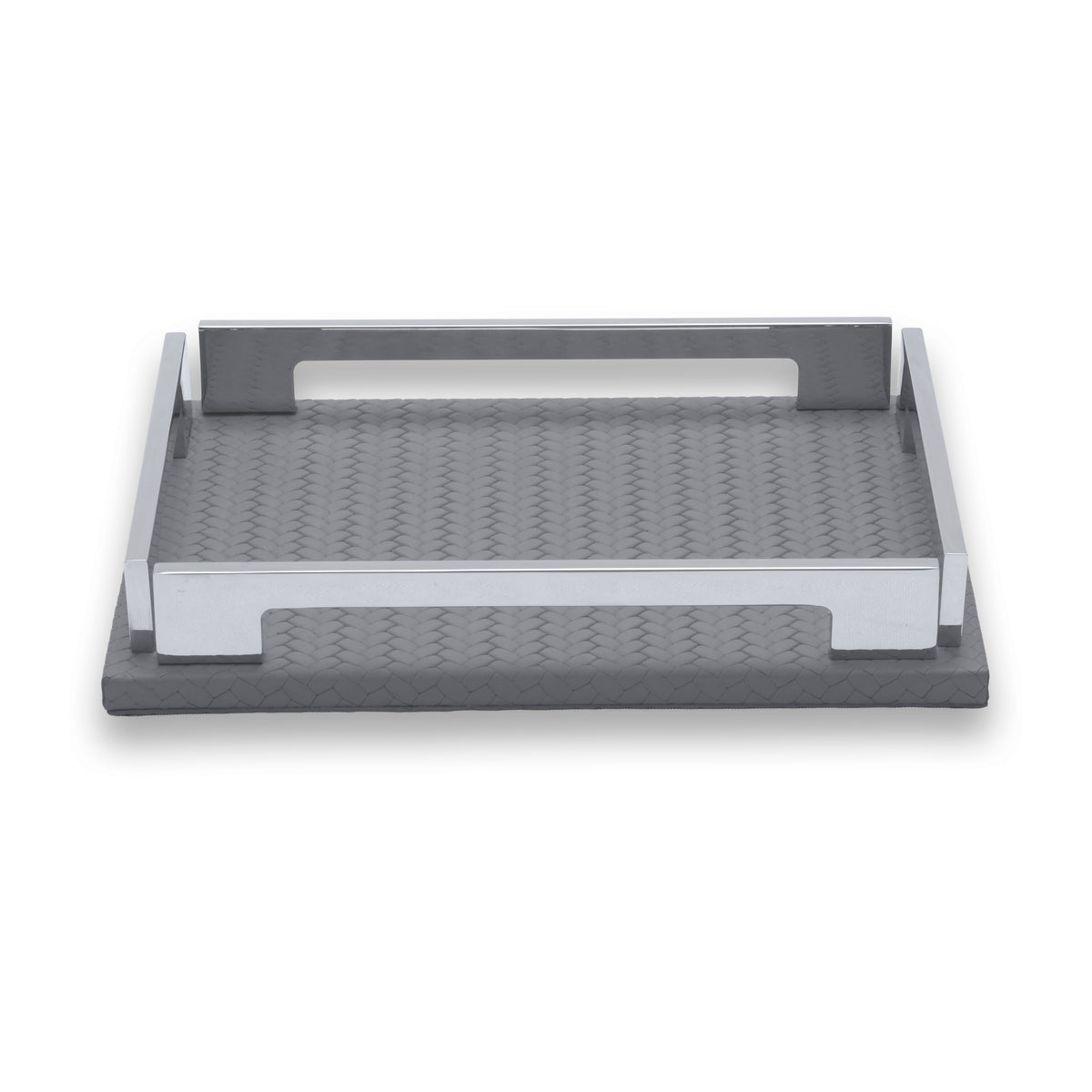 Grey 25 × 19 cm tray seen whole, steel handles and corner brackets in polished contrast to the leather