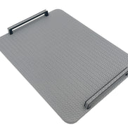 Grey 48 cm tray tilted in the frame, black steel handle at the far corner above the woven leather panel