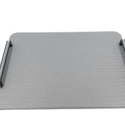 Grey 48 × 36 cm tray square to the camera, pale leather weave running between the two handles