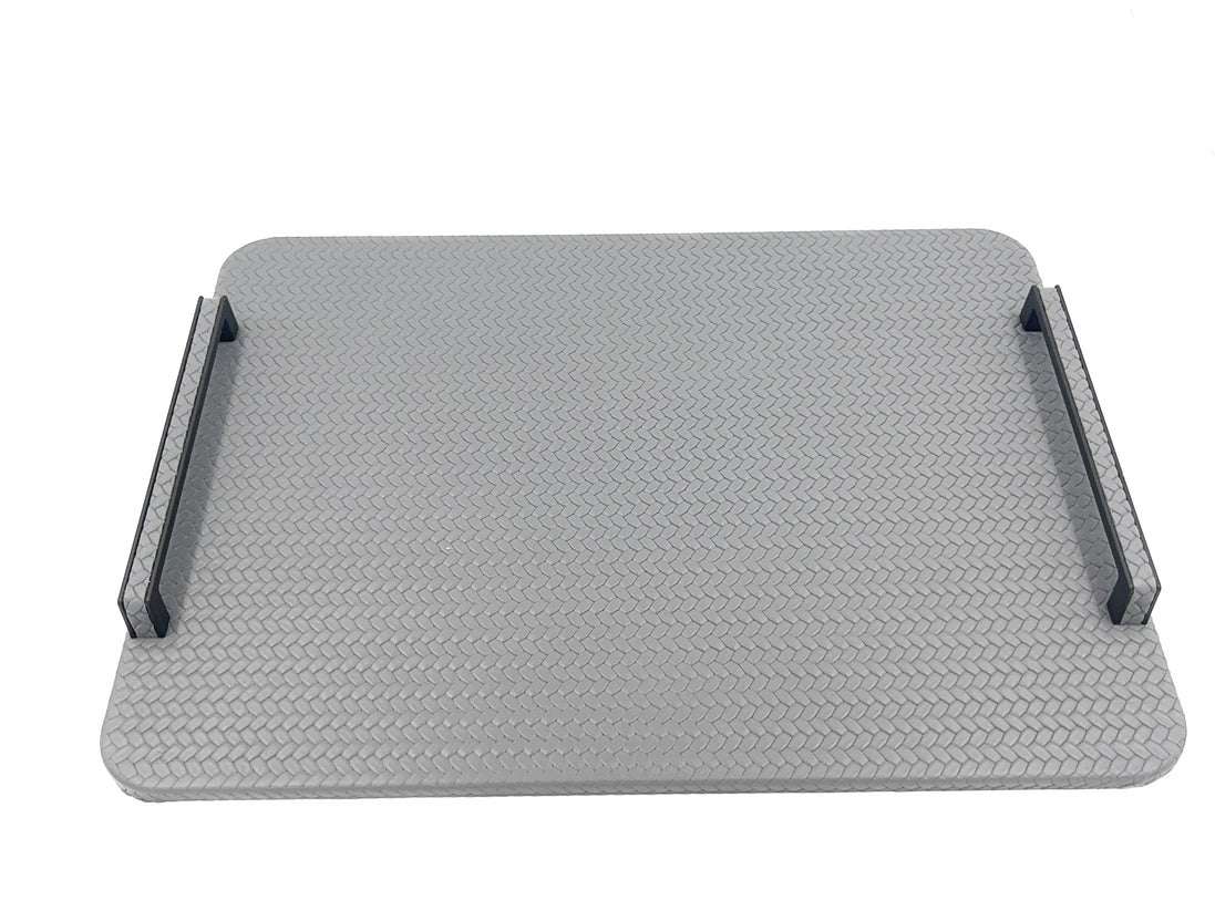 Grey 48 × 36 cm tray square to the camera, pale leather weave running between the two handles