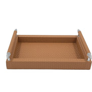 Tan 31 cm tray face on, 3.5 cm woven-embossed sides and steel-mounted handle rails