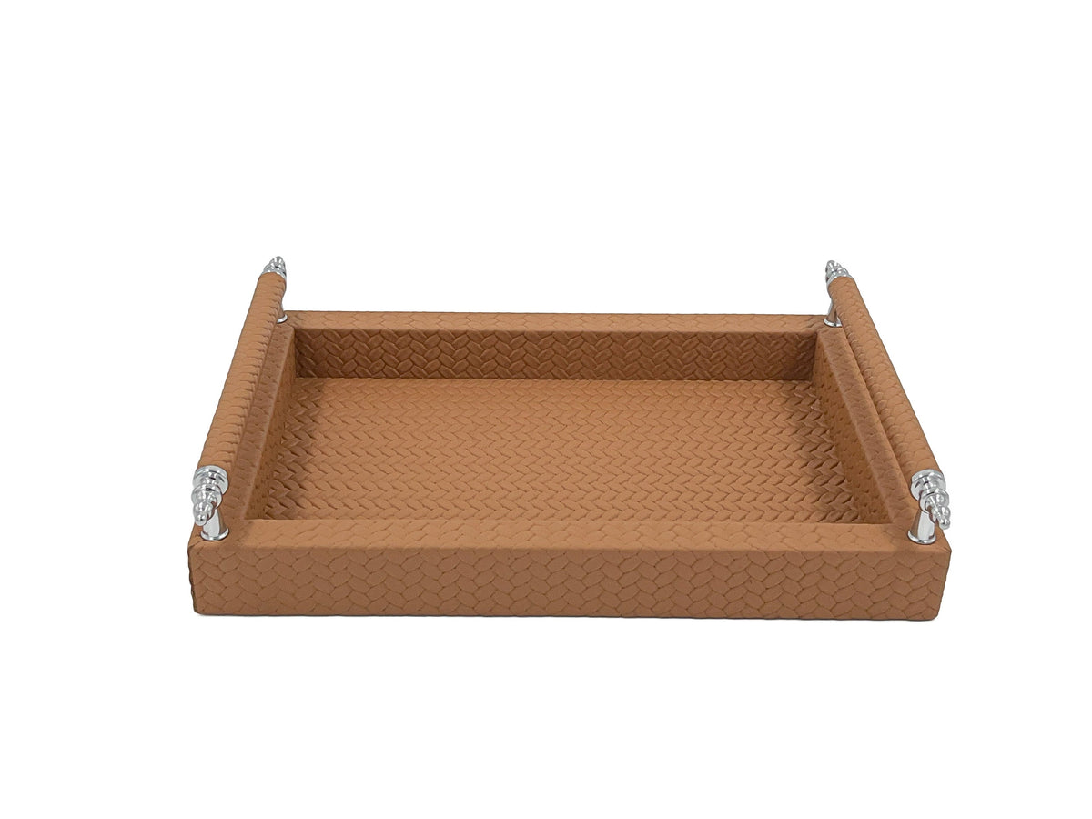 Tan 31 cm tray face on, 3.5 cm woven-embossed sides and steel-mounted handle rails