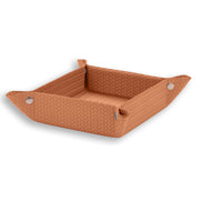 Tan 18.5 × 18.5 cm valet tray from the front, four press studs closing the woven leather corners