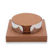 Tan 10 × 10 cm leather coasters stacked in a polished steel band on their square woven-leather base