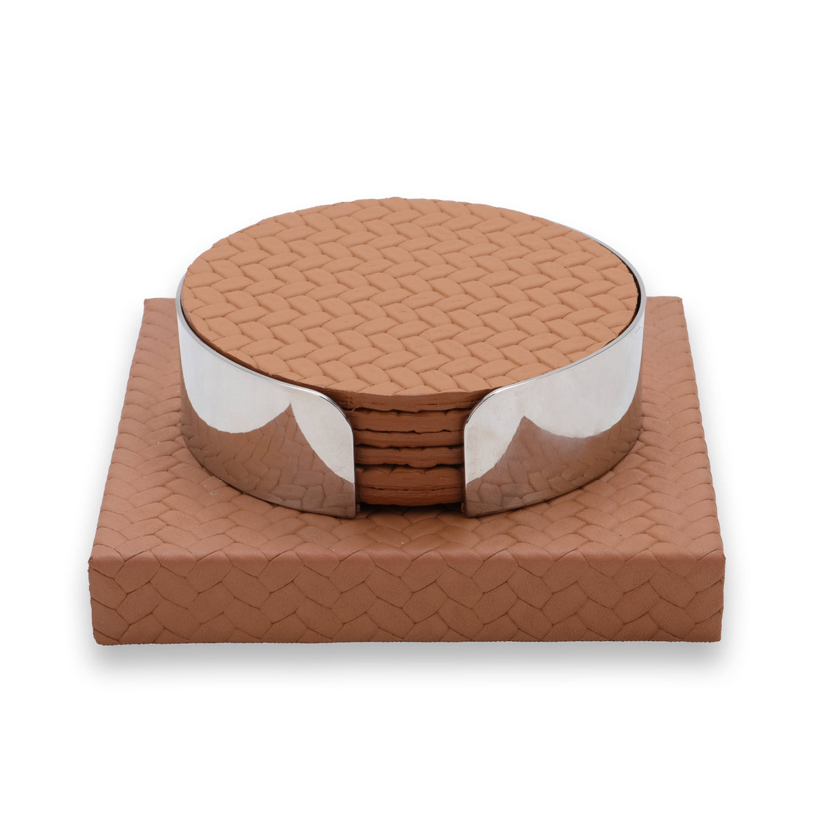 Tan 10 × 10 cm leather coasters stacked in a polished steel band on their square woven-leather base