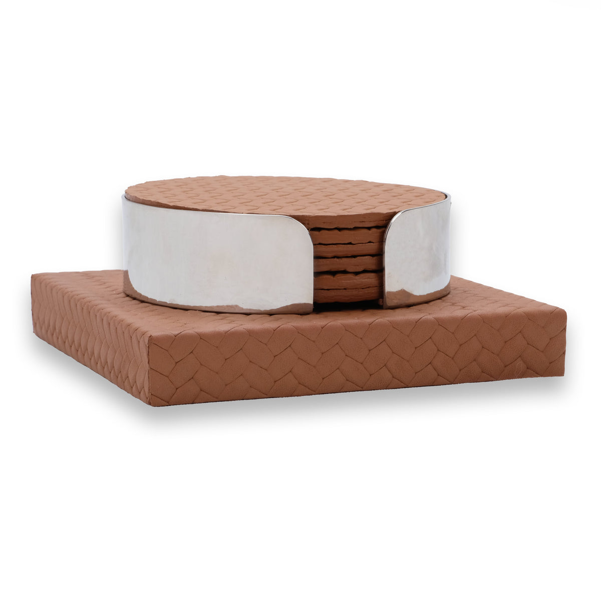The tan coaster stand from a low angle, individual 10 cm coasters visible through the steel band
