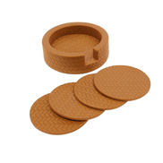 Tan holder with all four round leather coasters fanned out beside it, each carrying the same plait