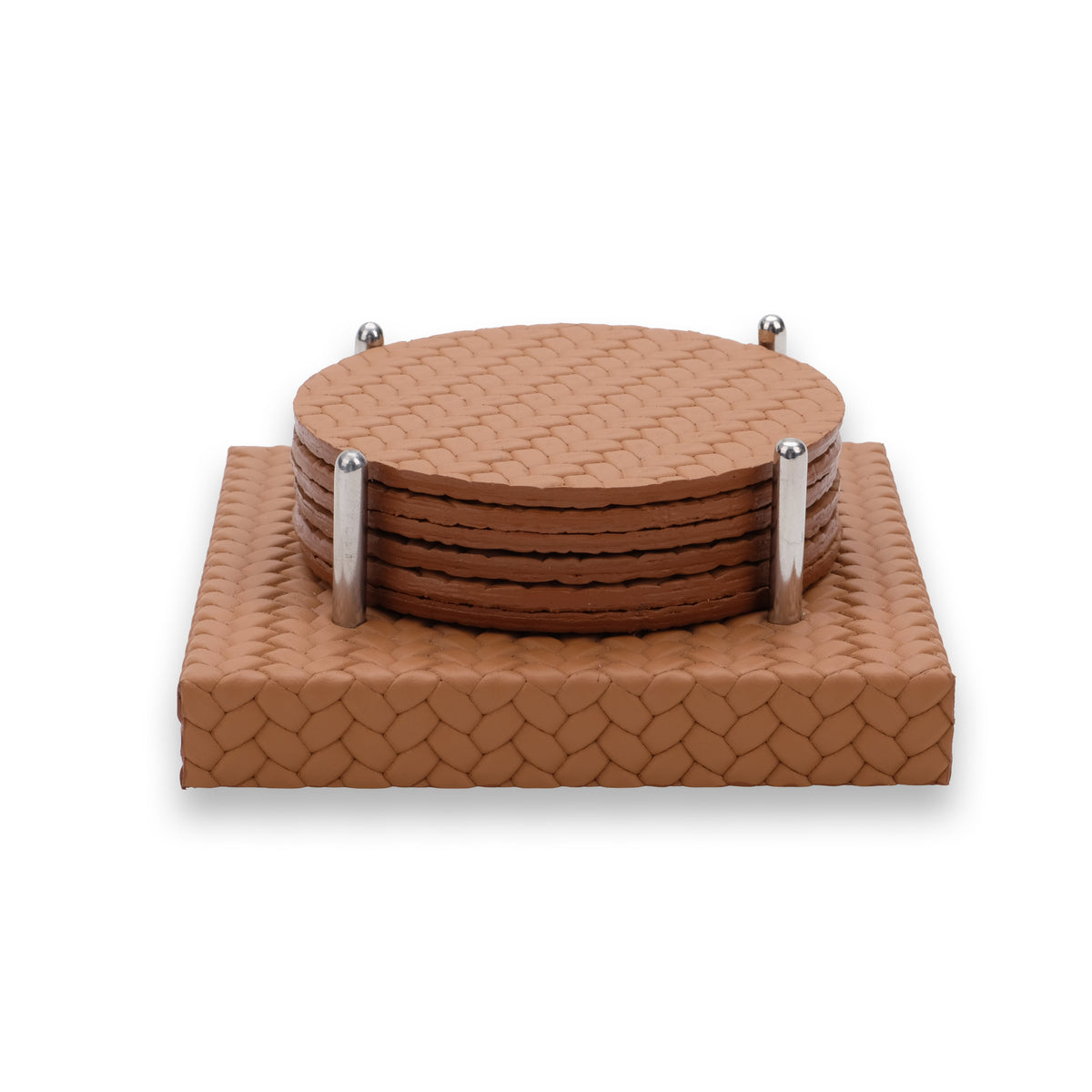 Warm tan coasters, each full-grain leather disc edge showing as a stripe down the side of the stack