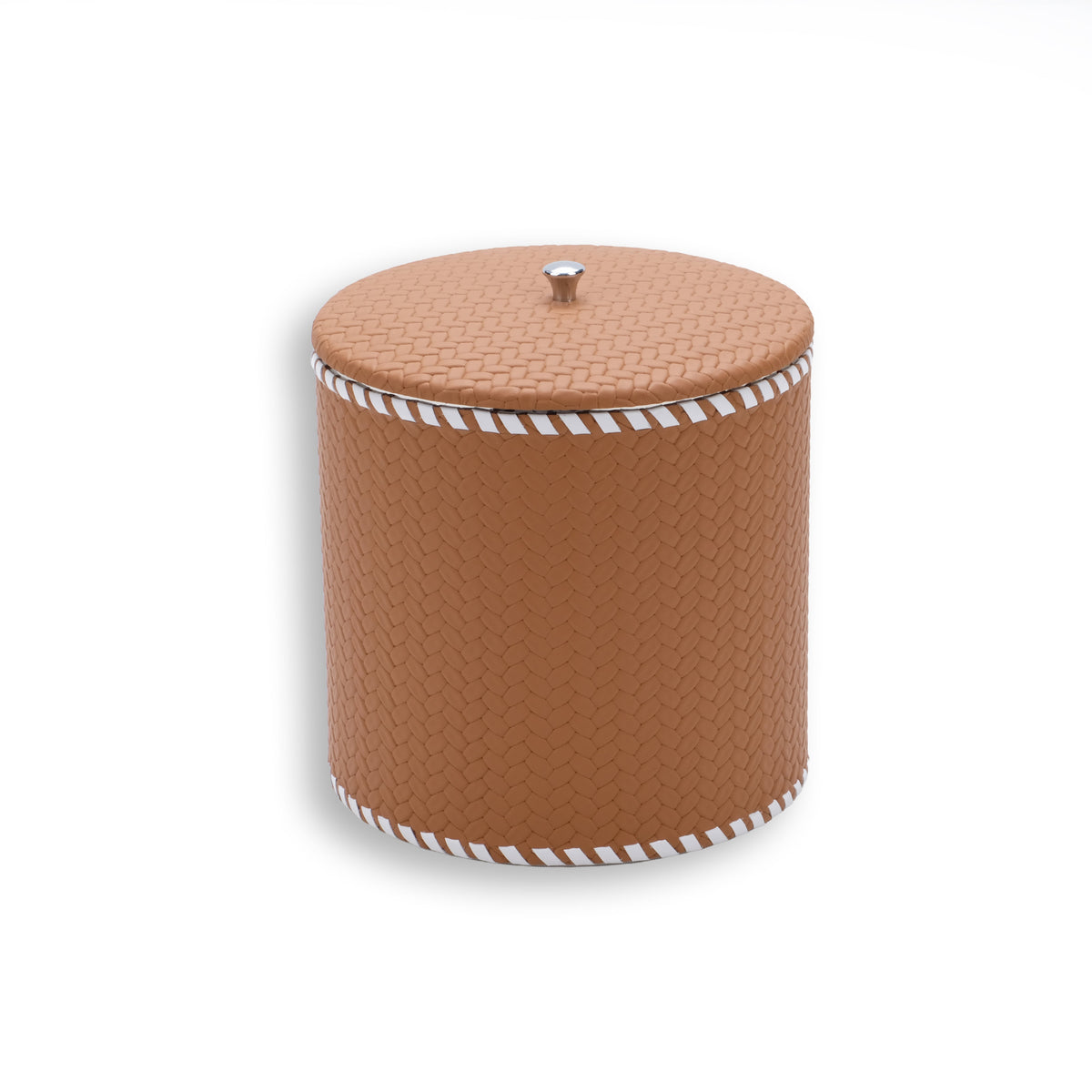 Tan 17 cm ice bucket closed, contrast white whip-stitching along both rims and a steel knob on the lid