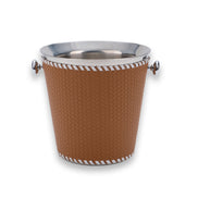 Warm tan leather on the 19.5 cm bucket, the weave running in even diagonal courses from lacing to lacing
