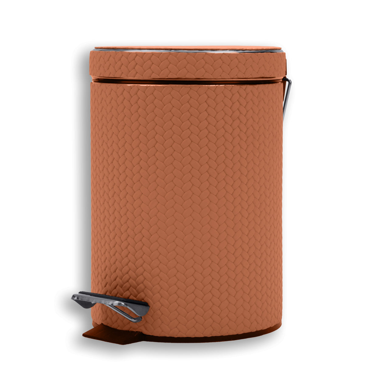 Tan bin from the right, chrome hinge arm rising behind the woven-embossed leather