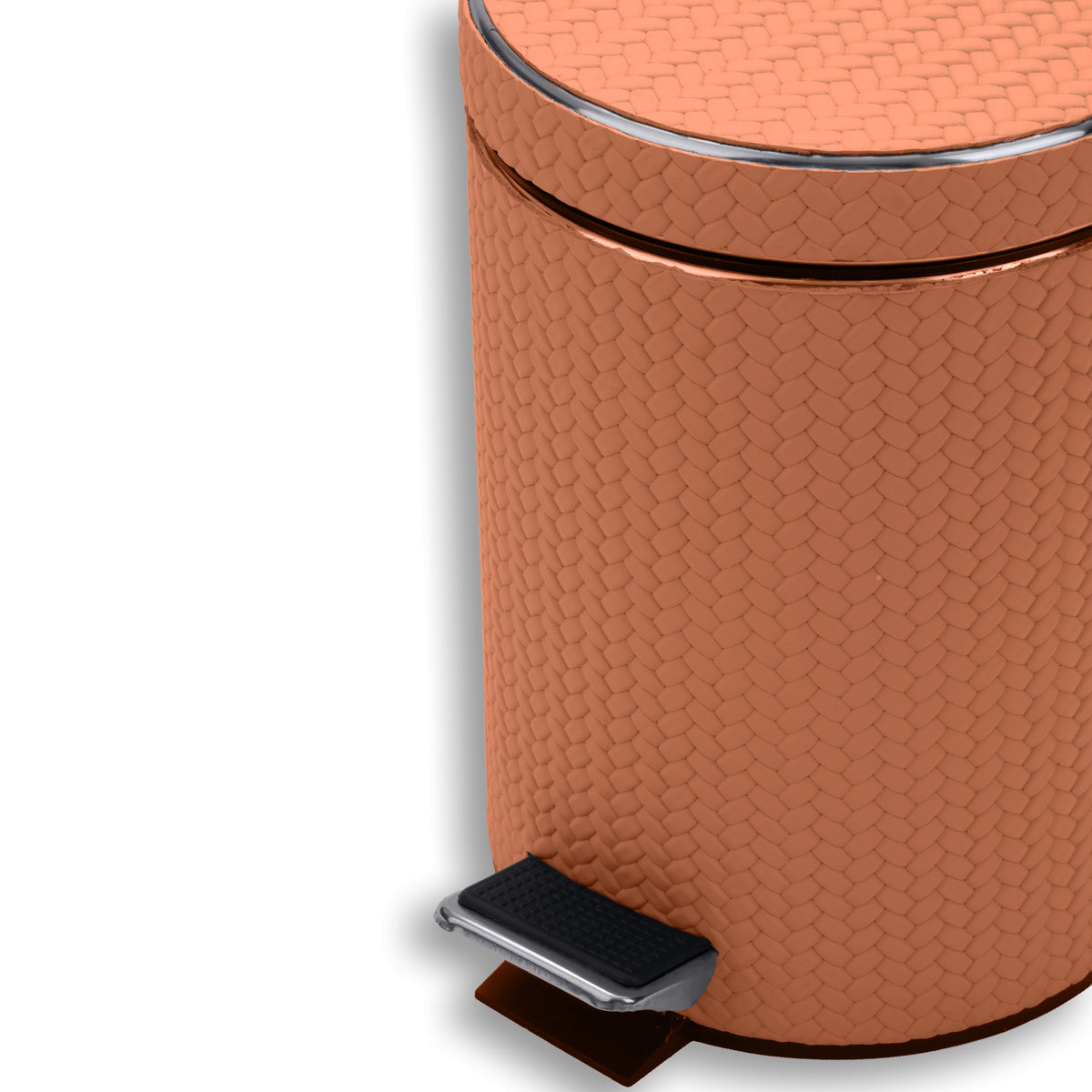 Close on the tan bin, chrome pedal plate at the foot and leather weave filling the body