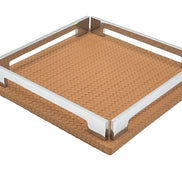 Tan 25 cm tray turned corner forward, woven-embossed full-grain leather spreading past the steel frame