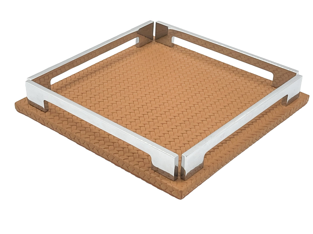 Tan 25 cm tray turned corner forward, woven-embossed full-grain leather spreading past the steel frame