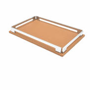 Tan 30 × 16 cm tray seen small and whole, warm leather floor within its polished steel frame