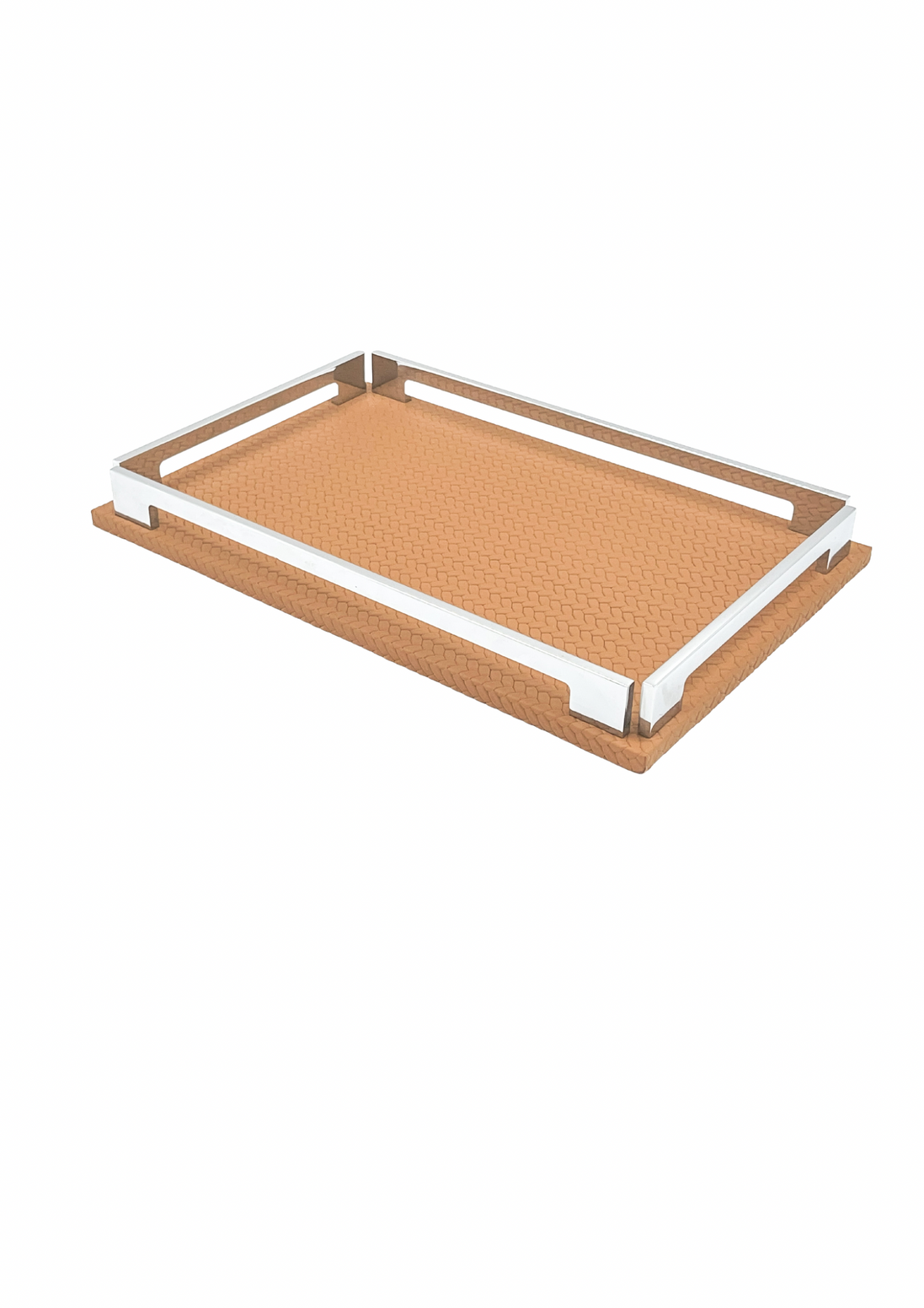 Tan 30 × 16 cm tray seen small and whole, warm leather floor within its polished steel frame