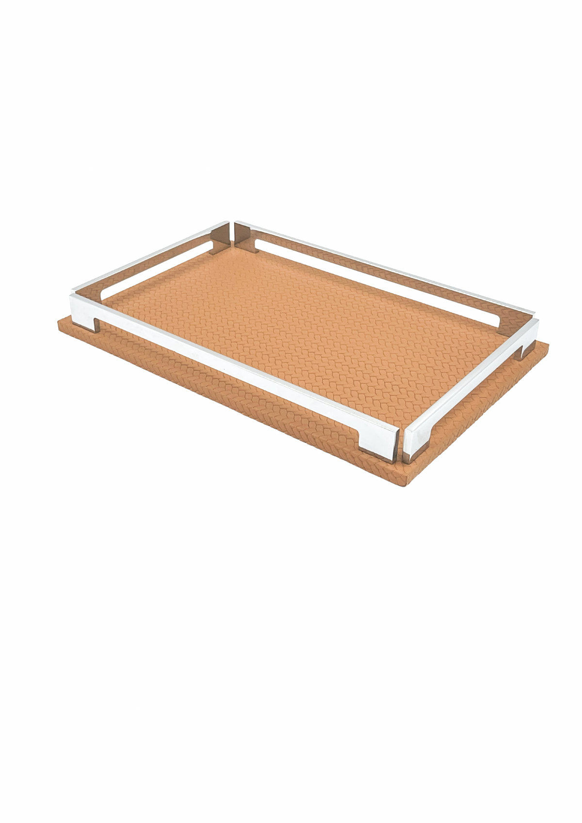 Tan 30 × 16 cm tray seen small and whole, warm leather floor within its polished steel frame