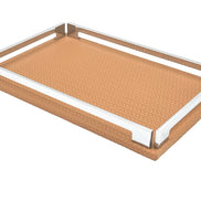 Tan 30 cm tray filling the frame from above left, woven-embossed leather base wider than the steel rails