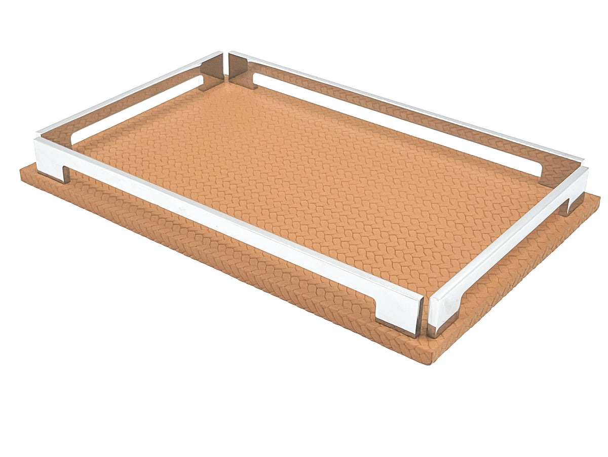 Tan 30 cm tray filling the frame from above left, woven-embossed leather base wider than the steel rails
