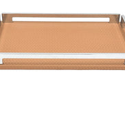 Tan 30 × 16 cm tray face on, steel handle slots level with the eye above the full-grain leather