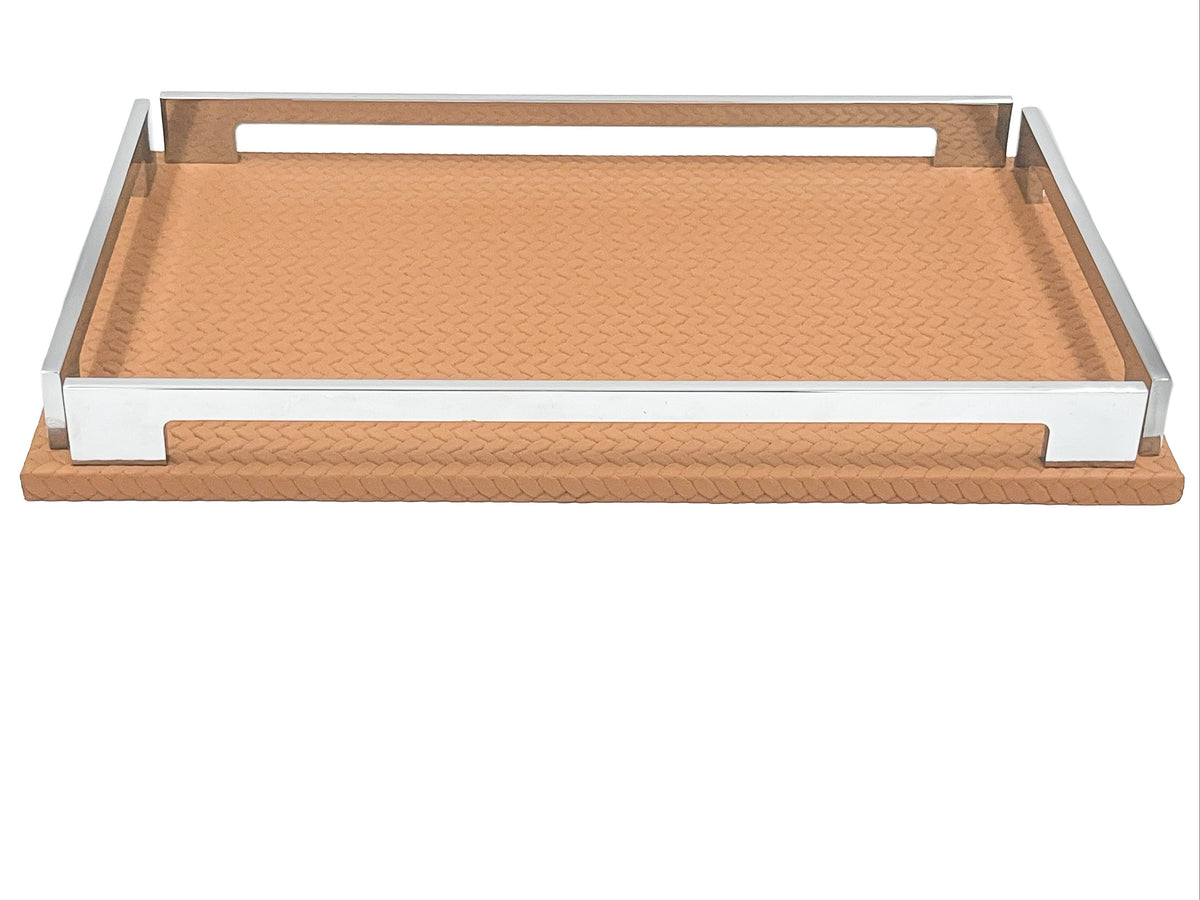 Tan 30 × 16 cm tray face on, steel handle slots level with the eye above the full-grain leather