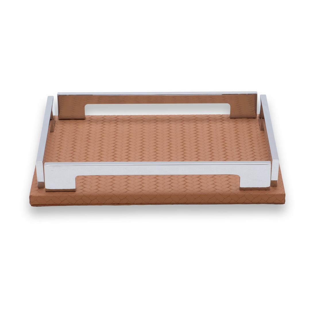 Tan 25 × 19 cm tray in full, warm leather floor framed by polished steel