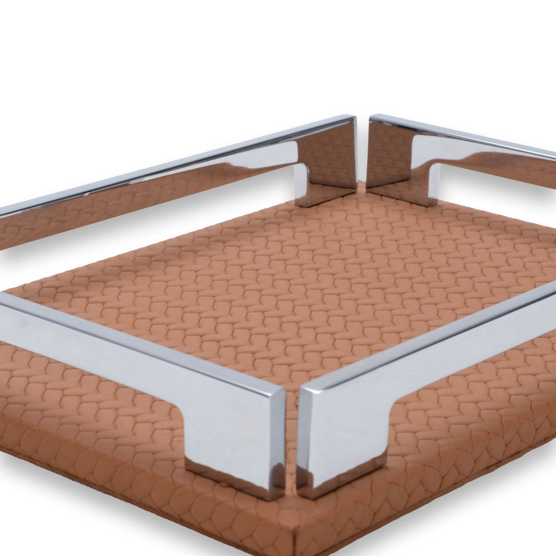 Near corner of the tan tray, two steel brackets meeting over the 1 cm full-grain leather base