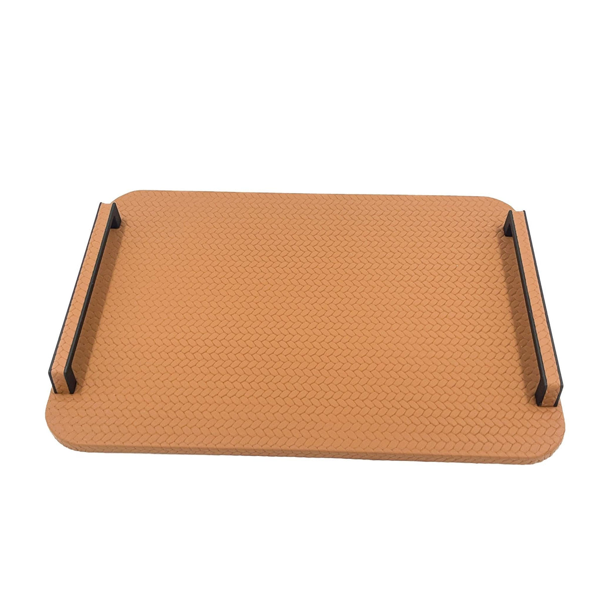 Tan 48 × 36 cm tray, warm orange-brown full-grain leather framed by black steel handles