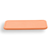 Warm orange-tan leather tray from the front, the recessed field sitting just below the border