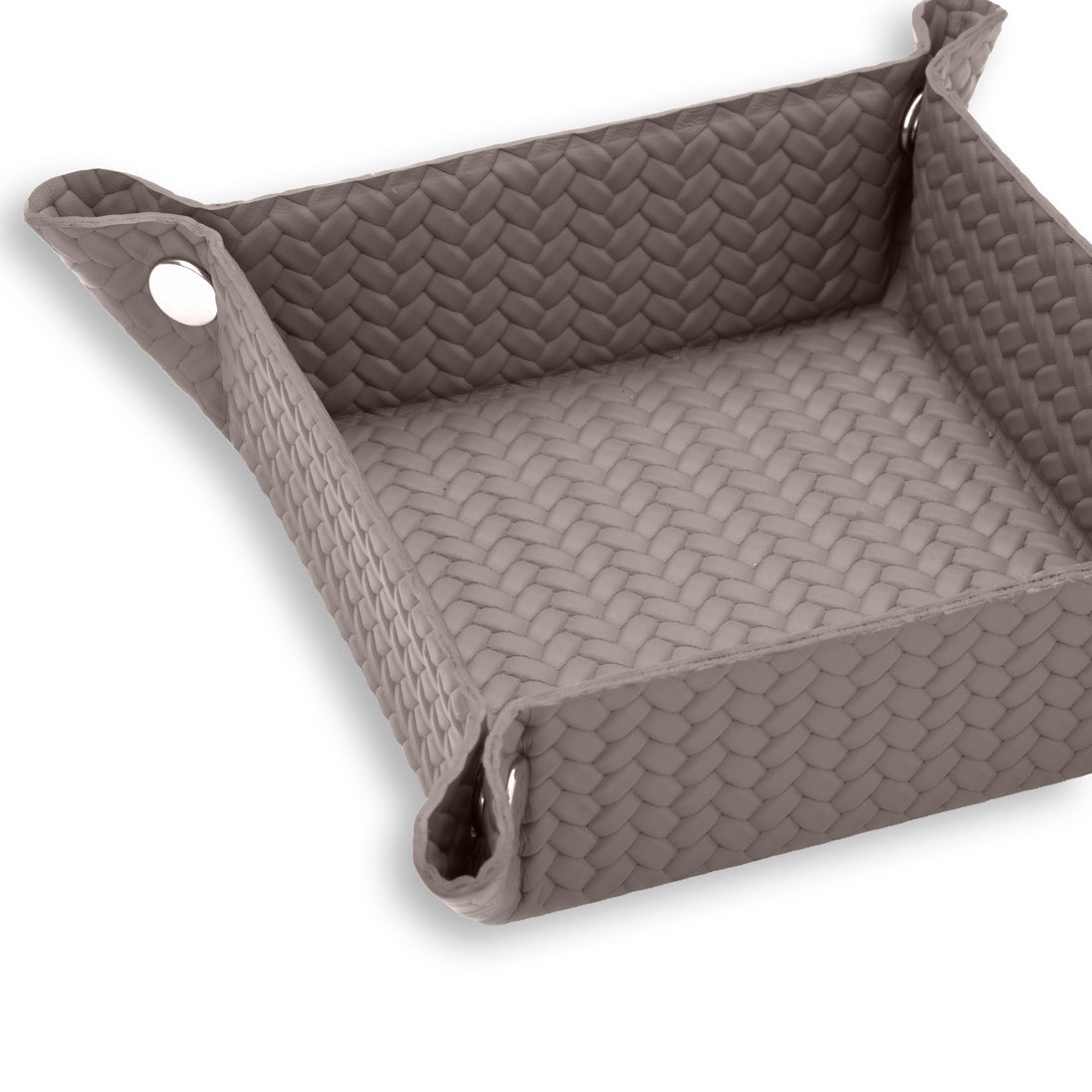 Mink grey-brown leather at close range, a corner press stud closing the 6 cm wall