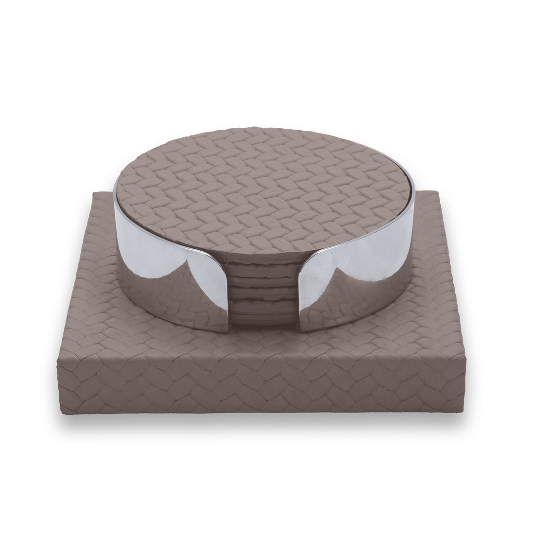 Taupe grey-brown coasters, the leather base's plait running out beyond the steel band