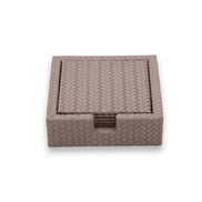 Taupe grey-brown leather holder, the notch showing the coaster edges below the top one