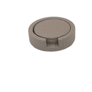 Taupe grey-brown leather holder closed, the notch and the coaster rim reading as one line