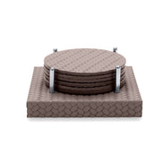 Grey-brown mink set, the leather base's plait coarser than the weave on the coaster faces