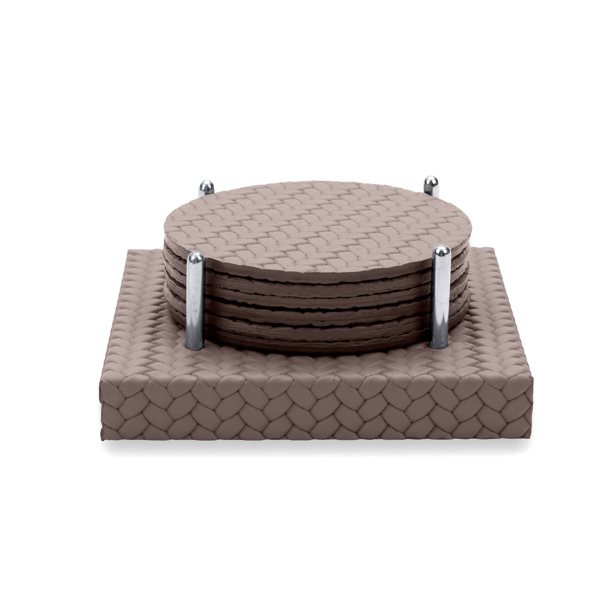 Grey-brown mink set, the leather base's plait coarser than the weave on the coaster faces