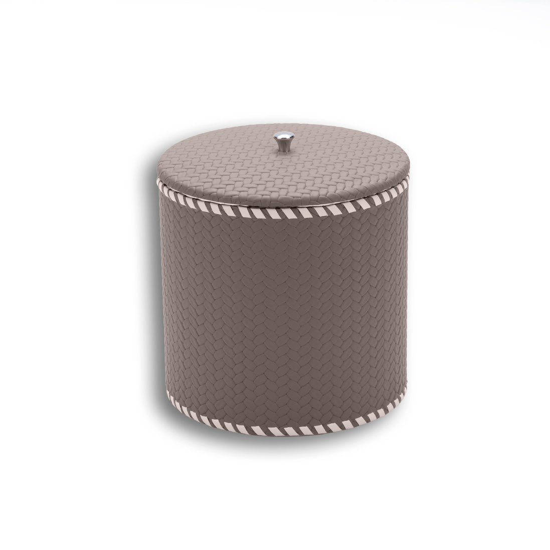 Grey-brown mink leather on the 17 cm bucket, the lid edge overhanging the laced collar