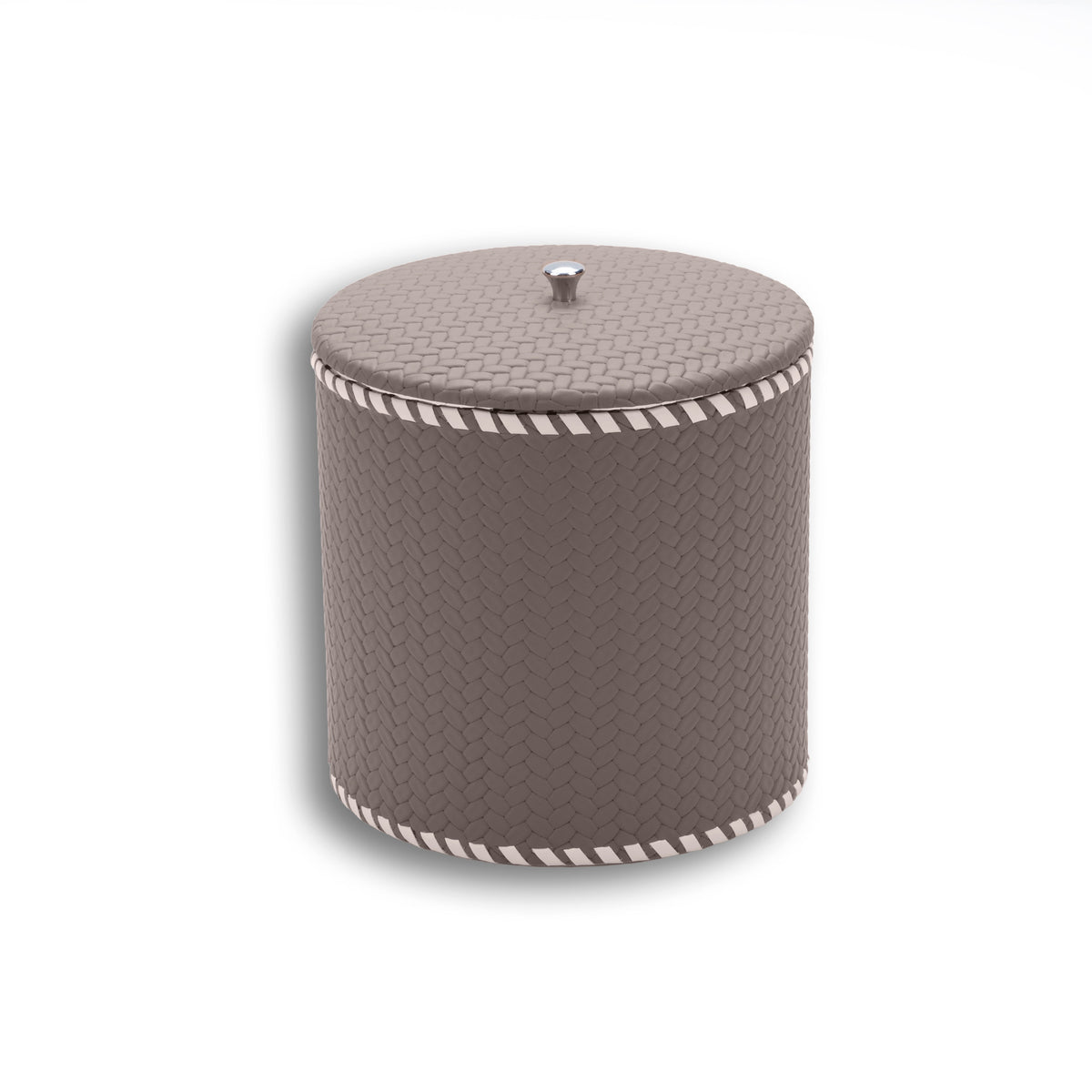 Grey-brown mink leather on the 17 cm bucket, the lid edge overhanging the laced collar