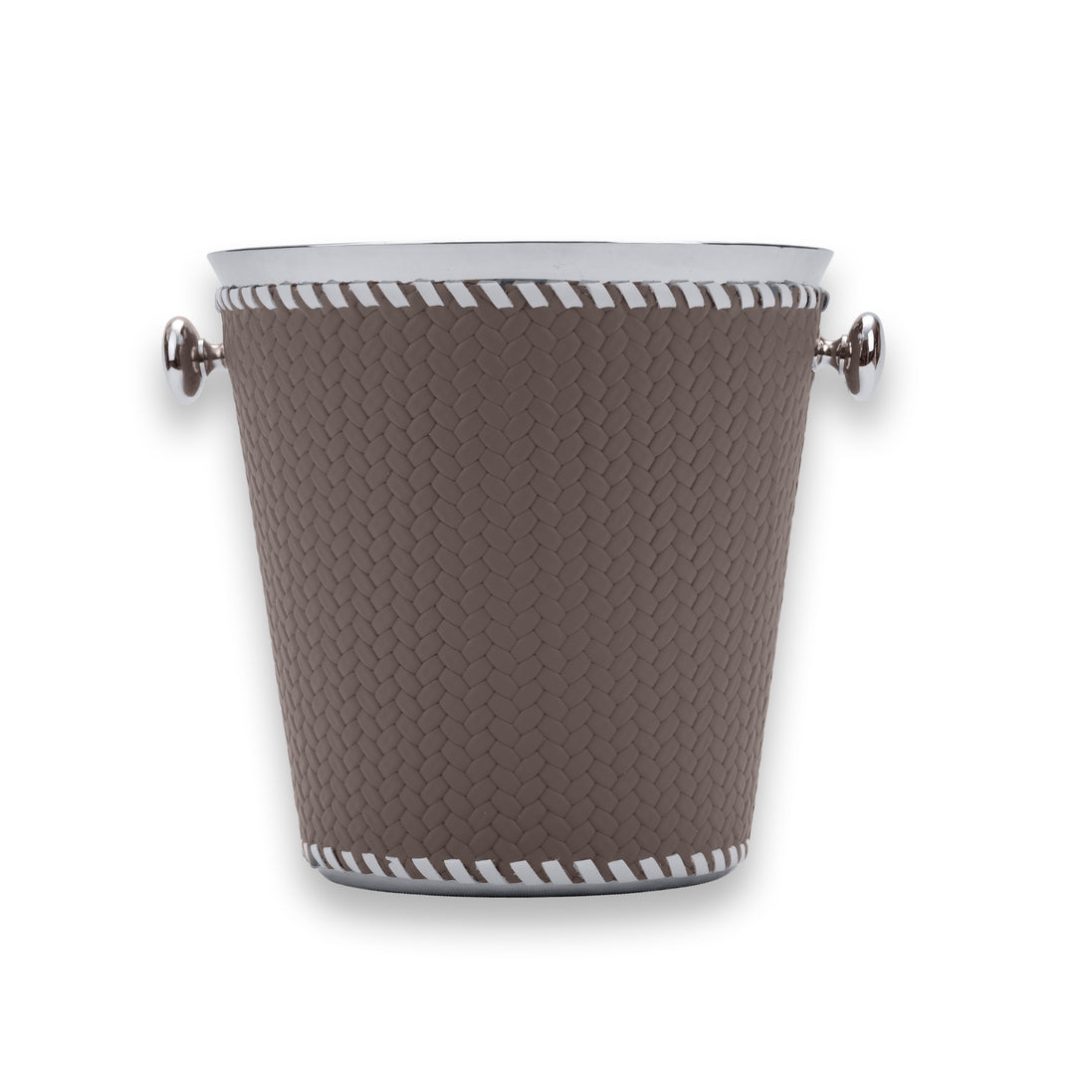 Mink 19.5 cm champagne bucket, steel ring handles at each side above the whip-stitched leather body