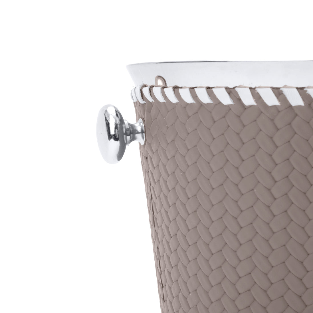 Close on one steel ring handle of the mink bucket, whip-stitched rim and woven leather at full scale