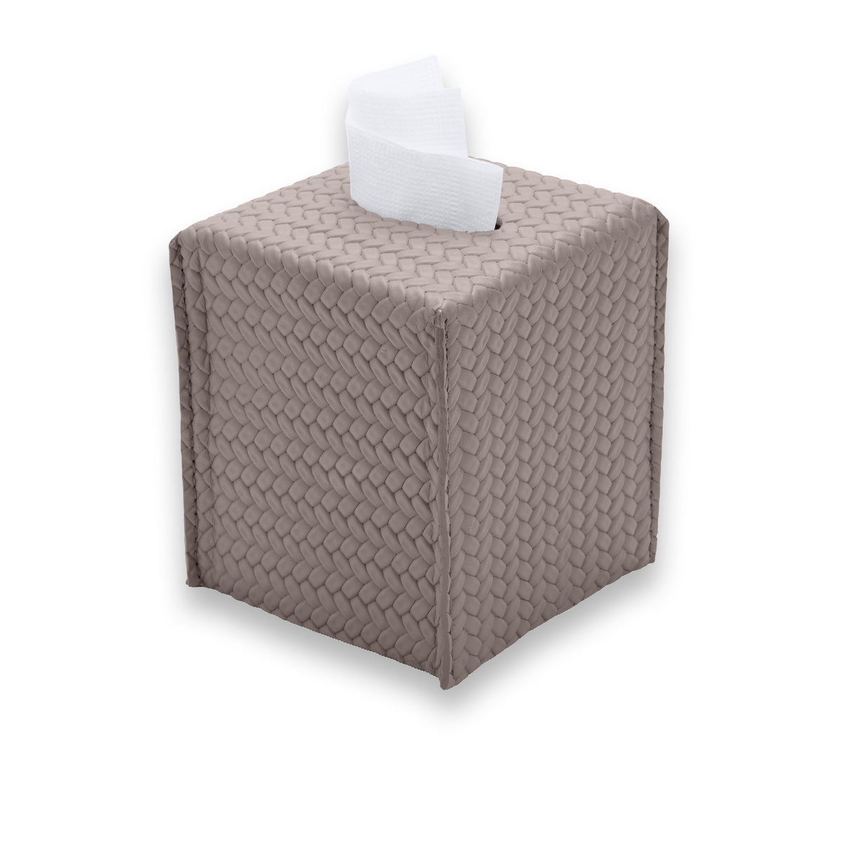 Muted grey-brown mink cover, corner seams drawing the leather tight around the 13.5 cm upright body