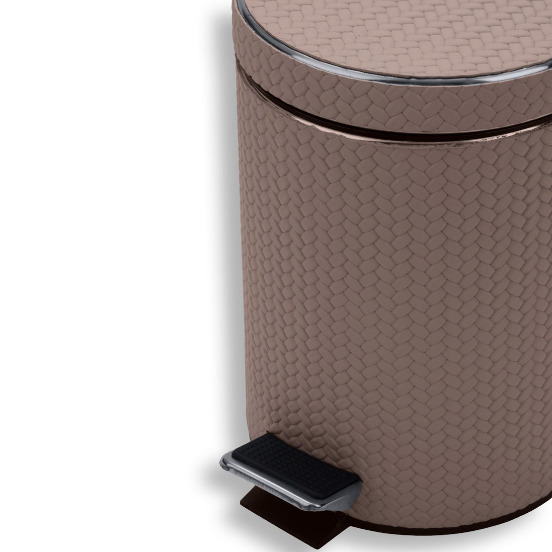 Close on the mink bin's lid and shoulder, full-grain leather weave legible across the 20 cm body