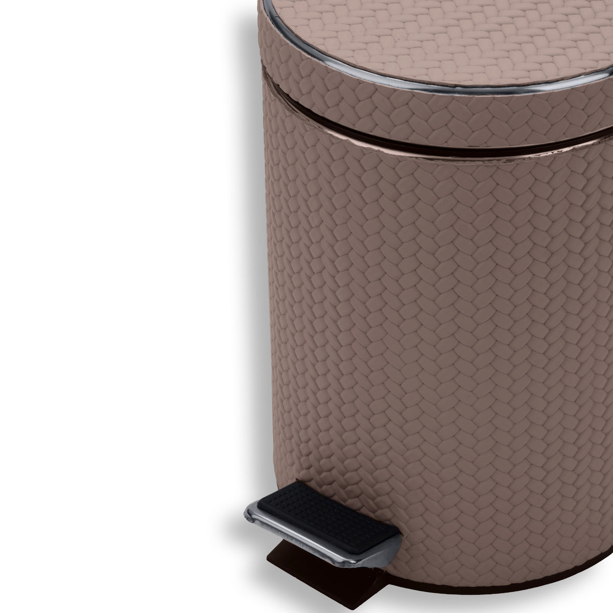 Close on the mink bin's lid and shoulder, full-grain leather weave legible across the 20 cm body