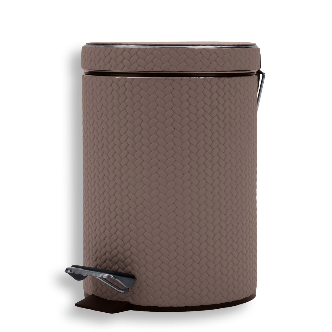 Mink bin from the right, chrome lid hinge arm above the leather-covered steel body