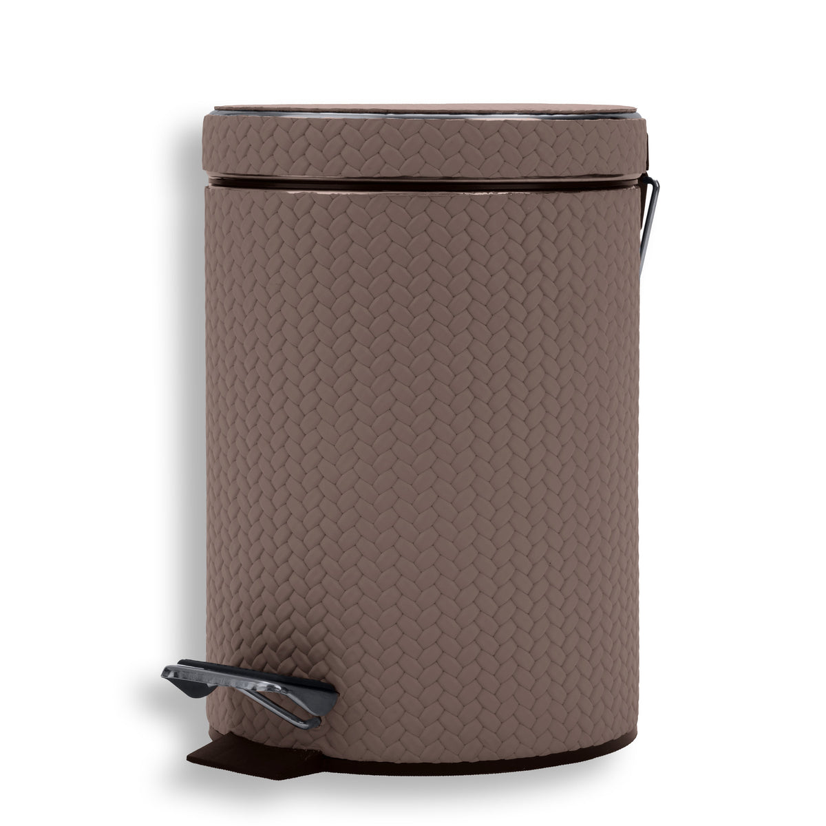 Mink bin from the right, chrome lid hinge arm above the leather-covered steel body