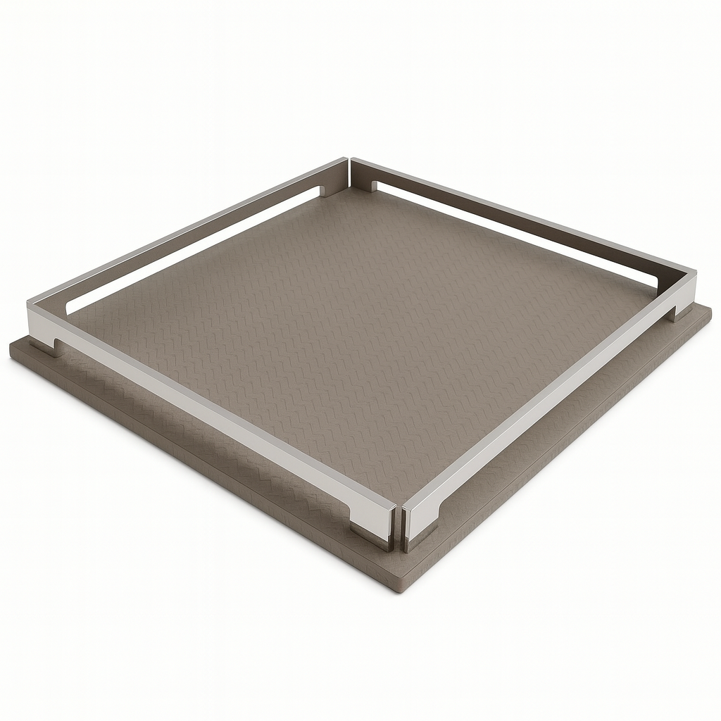Mink 37 cm tray seen whole, soft grey-brown leather floor within the steel surround