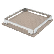 Mink 25 cm tray from the corner, 1 cm leather base visible under the polished steel brackets