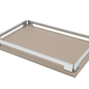 Mink 30 × 16 cm tray from above left, muted grey-brown leather within polished steel